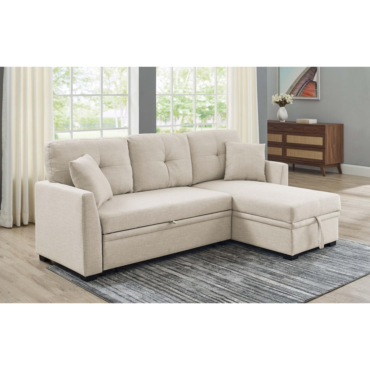 76.5" Linen Blend Upholstered Sectional with Pull-Out Bed and Chaise Storage