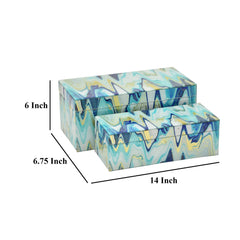 Crown Small Decorative Box Set of 2, Abstract Marbled Teal Blue Glass