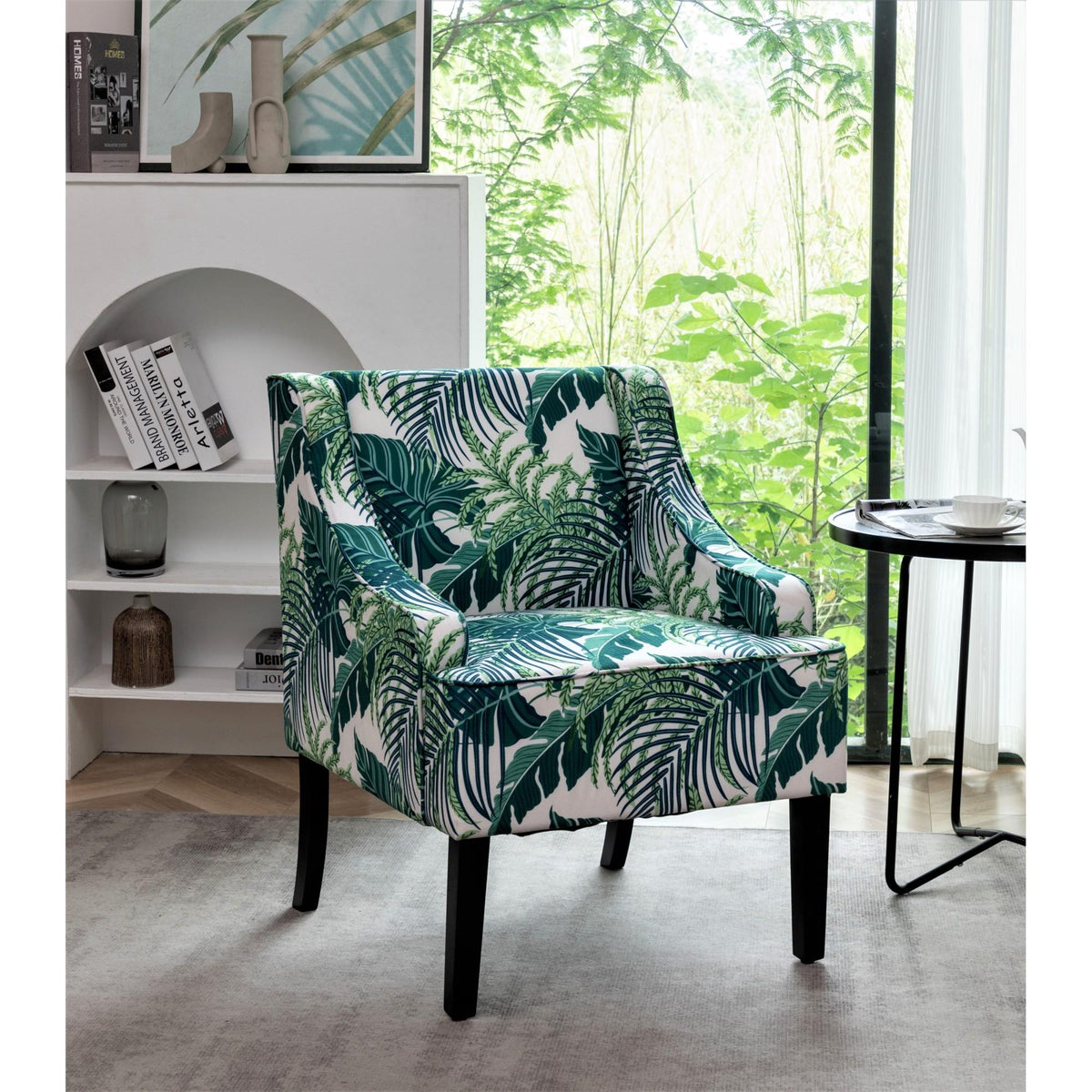 Versatile Upholstered Side Chair, Solid Wood Frame with Recessed Arms, Tapered Front Legs and Flared Back Legs, Foam & Sinuous Springs Cushioned Accent Chair for Entryway Bedroom Dining Room