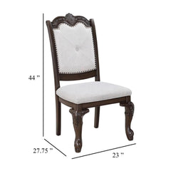 Odysseus Side Dining Chair Set of 2, Beige Linen, Scrolled Coffee Brown Wood