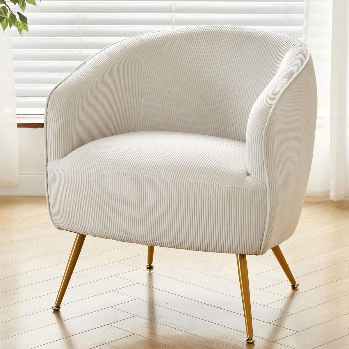 Corduroy Accent Chair with Gold Metal Legs, Modern Upholstered Armchair, Comfy Barrel Chair for Living Room Bedroom