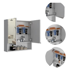 Saga Mirror Cabinet, Three Internal Shelves, One Open Shelf, Double Door Cabinet -White