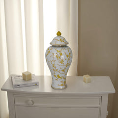 Shangri-La Lidded Accent Jar, Yellow Bird and Floral, White Ceramic 20 Inch
