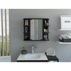 Record Medicine Cabinet, Six External Shelves Mirror, Three Internal Shelves -Black