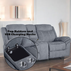 Haven Two Tone Gray Velvet Recliner Loveseat w/USB Port & Console