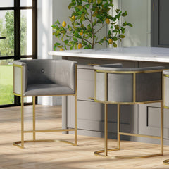 26" Counter Stool – Gray Faux Leather with Brass-Finish Metal Base, 1PC