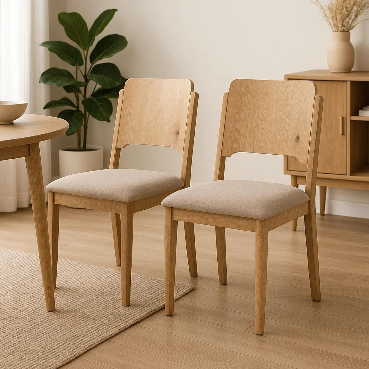 Aura Dining Chair Set of 2, Khaki Padded Fabric Seat, Brown Wood Legs