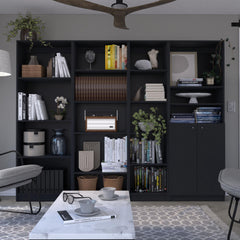 Nebula 4 Piece Home Bookcase set, 91" Wide with 17 Shelves And a Double-Door Cabinet , Living Room Set Black
