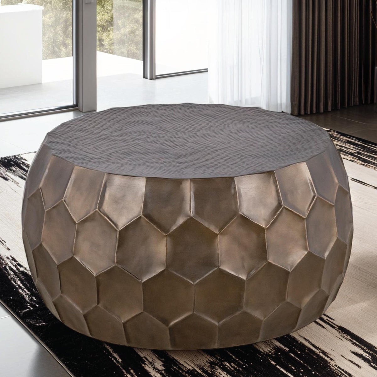 PULSAR Modern Contemporary Round Aluminum material 32" Coffee Table, Farmhouse Table with Glossy Diamond-Patterned Base Gold