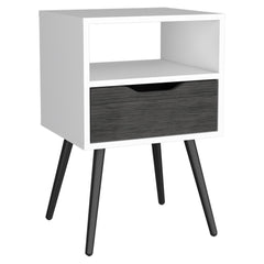 Story Nightstand , Superior Top, One Open Shelf, One Drawer, Four Legs -Smokey Oak / White