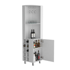 Lyra Corner Bar Cabinet With Four Shelves, Ten Wine Bottle Cubbies And Stemware, White