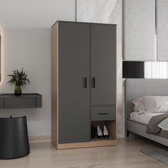 Clytemnestra 2-Door One Drawer Amoire with 2 Cabinets, Two Hanging rods and Four Shelves in Matt Gray and Natural Oak