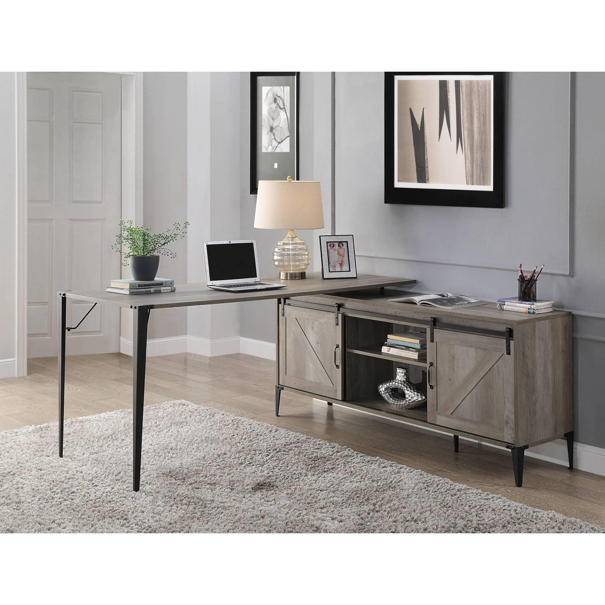 Gallery Gray Oak & Black Finish Writing Desk with a Cabinet