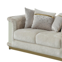 Asgard Contemporary Style Loveseat with rich beige color fabric, gold-accented framing, and distinctive diamond-pattern panels