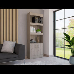 Bookcase, Three Shelves, Double Door Cabinet, Metal Hardware, Light Gray