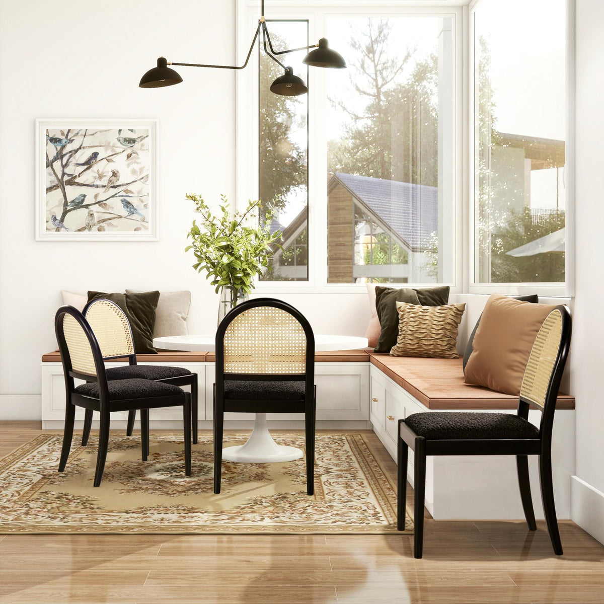 Neptune 18.5" Curved Resin Cane Rattan Side Dining Chair, Set of 2, Ebony Black Boucle