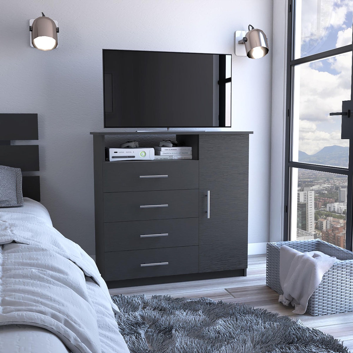 Harmony 4 Drawer Dresser, Single Door Cabinet, One Open Shelf, Superior Top -Black