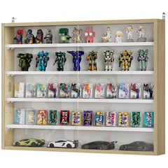 5-Tier Display Cabinet, Wall-Mounted Display Case with 2 Glass Doors and Adjustable Shelves, Oak and White