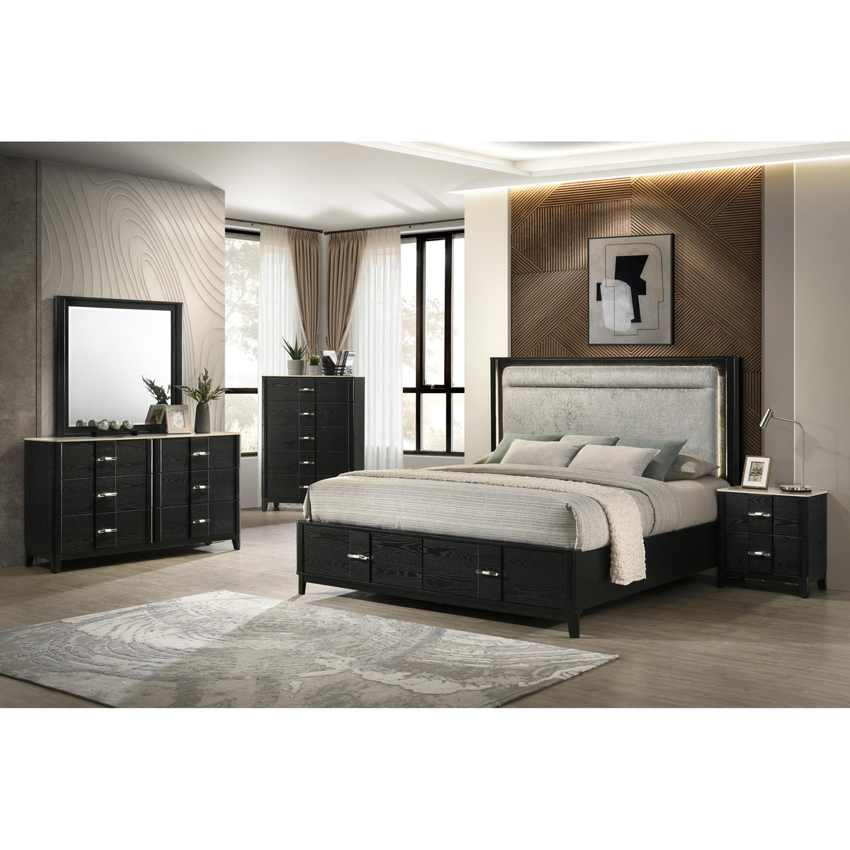 Mars 5Pc Modern Queen Bedroom Set with Upholstered LED Headboard, Footboard Storage, Dresser, Mirror, Chest, and Nightstand in Black Finish