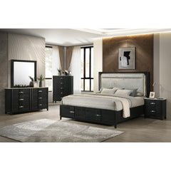 Mars 5Pc Modern Queen Bedroom Set with Upholstered LED Headboard, Footboard Storage, Dresser, Mirror, Chest, and Nightstand in Black Finish