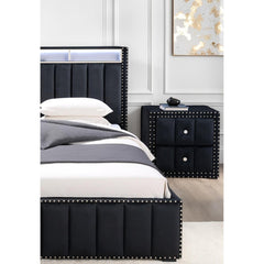 Black Color Contemporary Style 1pc Nightstand Crystal-like Knobs Vertical Channel Tufting Nailhead Trim Fabric Bedside Table Bedroom Furniture