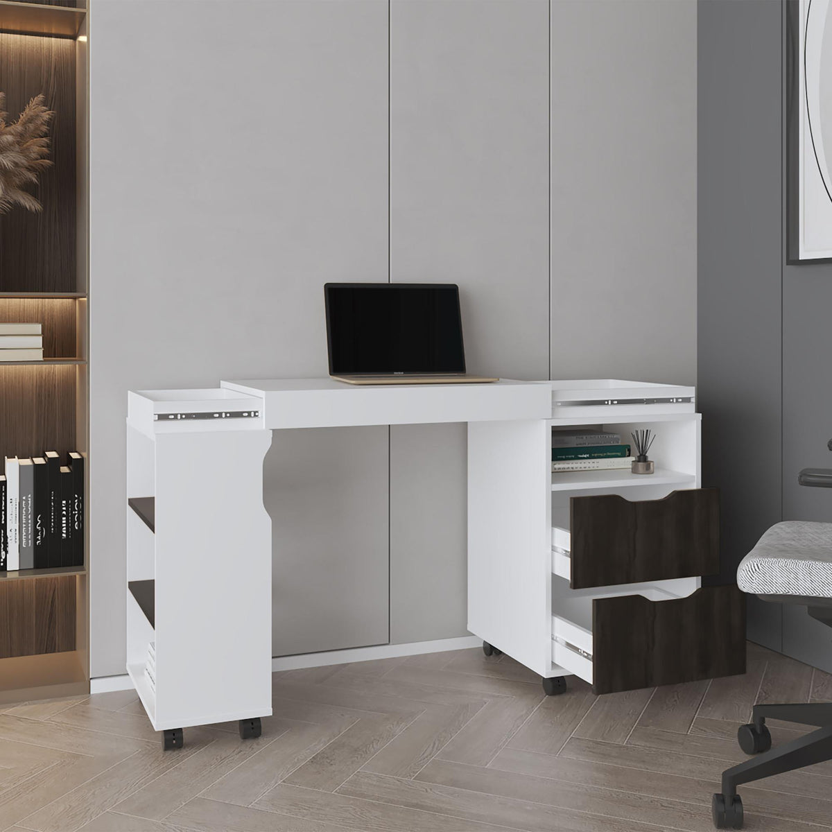 Lyric Diego 54" Wide Two Drawer Expandable Desk with Seven Shelves and Casters White - Dark Walnut