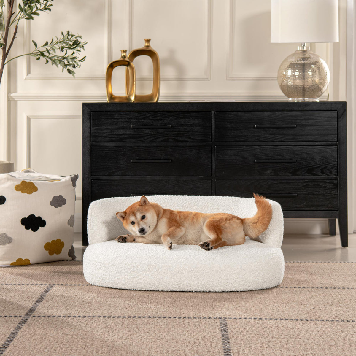 Orestes 36" Curved Dog Sofa Bed, Medium, Ivory White Boucle
