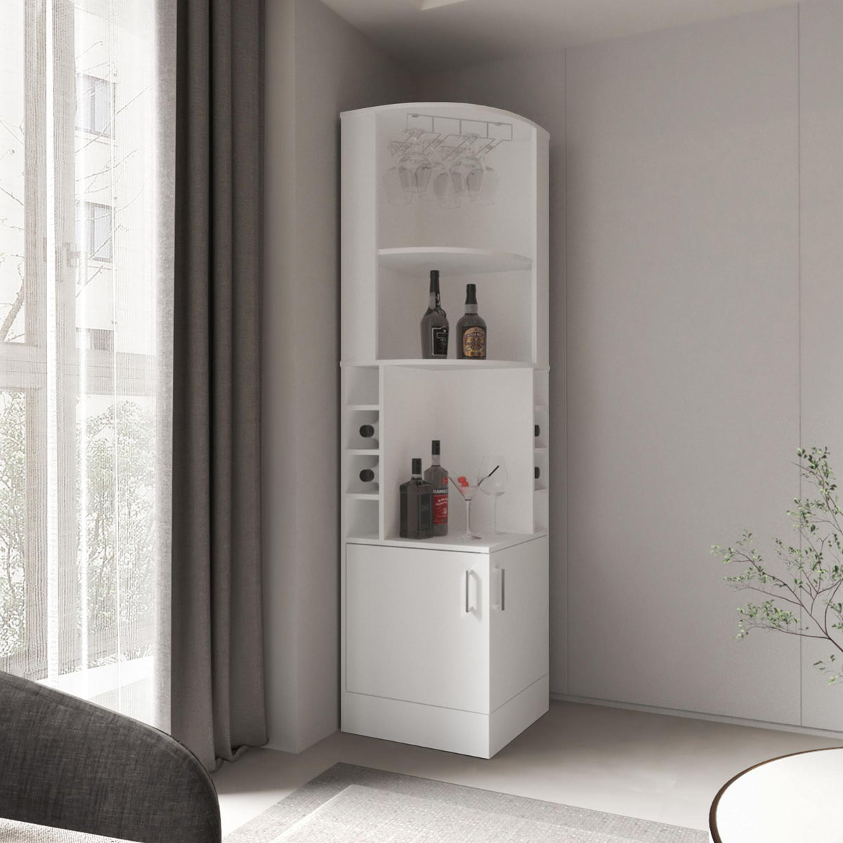 Star Being Corner Bar Cabinet, Glass Rack, Double Door Cabinet, Eight Built-In Wine Rack, White