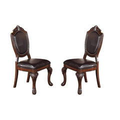 Paradise Majestic Formal Set of 2 Side Chairs Brown Color Rubberwood Dining Room Furniture Intricate Design Faux Leather Upholstered Seat