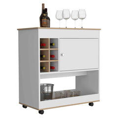 Chronos Bar Cart, Six Bottle Cubbies, One Cabinet, Four Casters, Light Oak / White