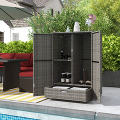 Outdoor Storage Cabinet with Shelves, Rattan Pool Towel Storage Cabinet with Removable Shelf & Drawer, Dark Gray