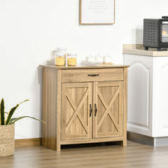 Farmhouse Sideboard Buffet Cabinet, Barn Door Coffee Bar Cabinet with Drawer and Adjustable Shelf for Kitchen, Living Room, Entryway, Natural Wood Effect