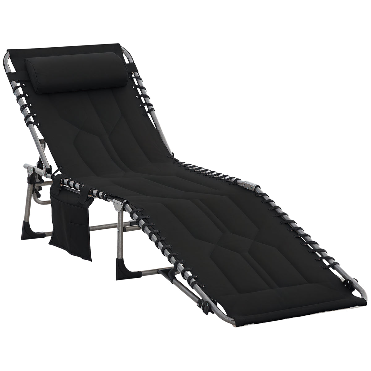 Padded Folding Chaise Lounge Chair, Outdoor 6-Level Reclining Camping Tanning Chair with Headrest for Beach, Yard, Patio, Pool, Black