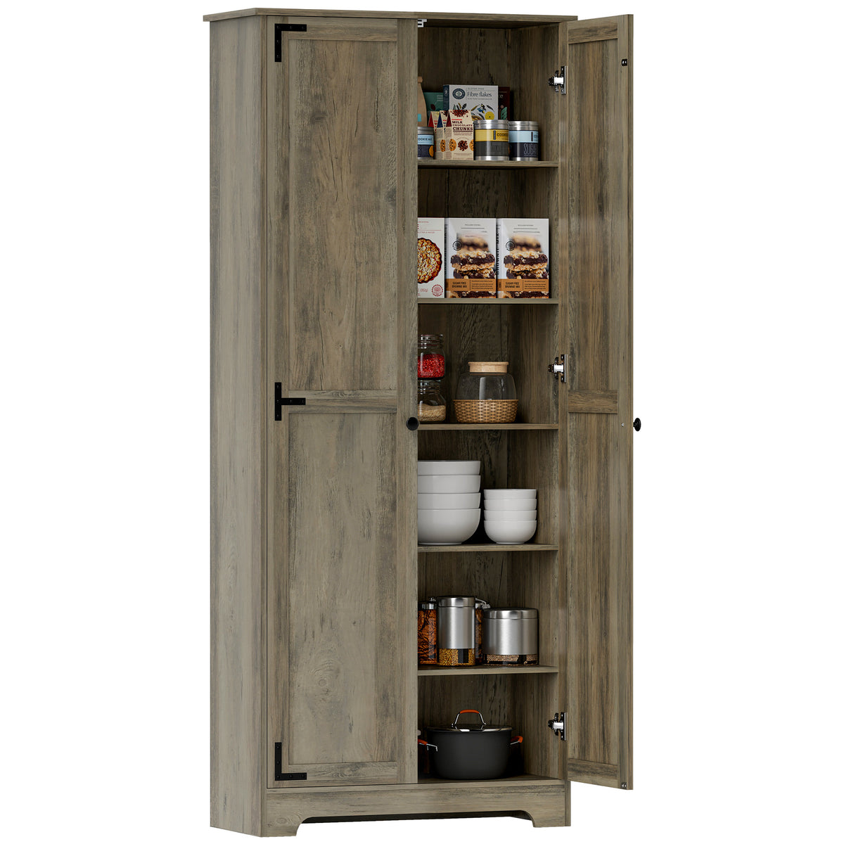 72" Farmhouse Pantry Cabinet, Freestanding Food Pantry Cabinet with Adjustable Shelves, Distressed Gray