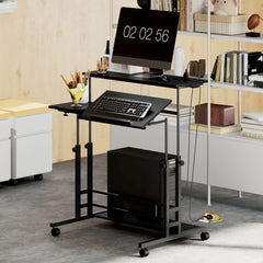Adjustable Standing Desk with Power Outlets, Stand Up Desk with Tiltable Tabletop, Wheels, Shelf, for Home Office, Black