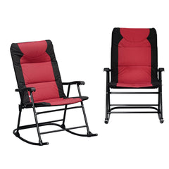 Oversized Folding Rocking Camping Chair Set of 2, Padded Outdoor Rockers with High Back and Armrests, Portable Outdoor Patio Chairs with Steel Frame for Garden, Porch, Lawn, Red