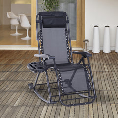 Outdoor Rocking Chairs, Foldable Reclining Zero Gravity Lounge Rocker with Pillow, Cup & Phone Holder, Combo Design with Folding Legs, Black