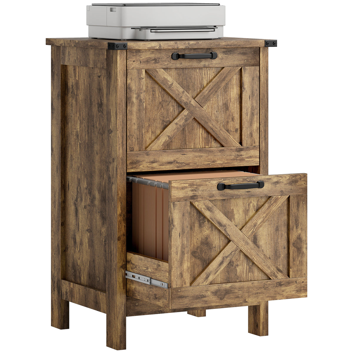 Vertical File Cabinet with 2 Drawers, Rustic Farmhouse Office Storage Cabinet for A4, Letter Size, Rustic Brown