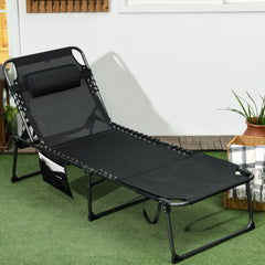 Folding Chaise Tanning Lounge Chair w/ 5-level Reclining Back, Reading Hole, Side Pocket, Headrest, Black