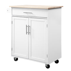 Kitchen Island Cart, Rolling Island Table with Solid Wood Top, Trolley Cart with Drawer, Storage Cabinet & Towel Rack, White