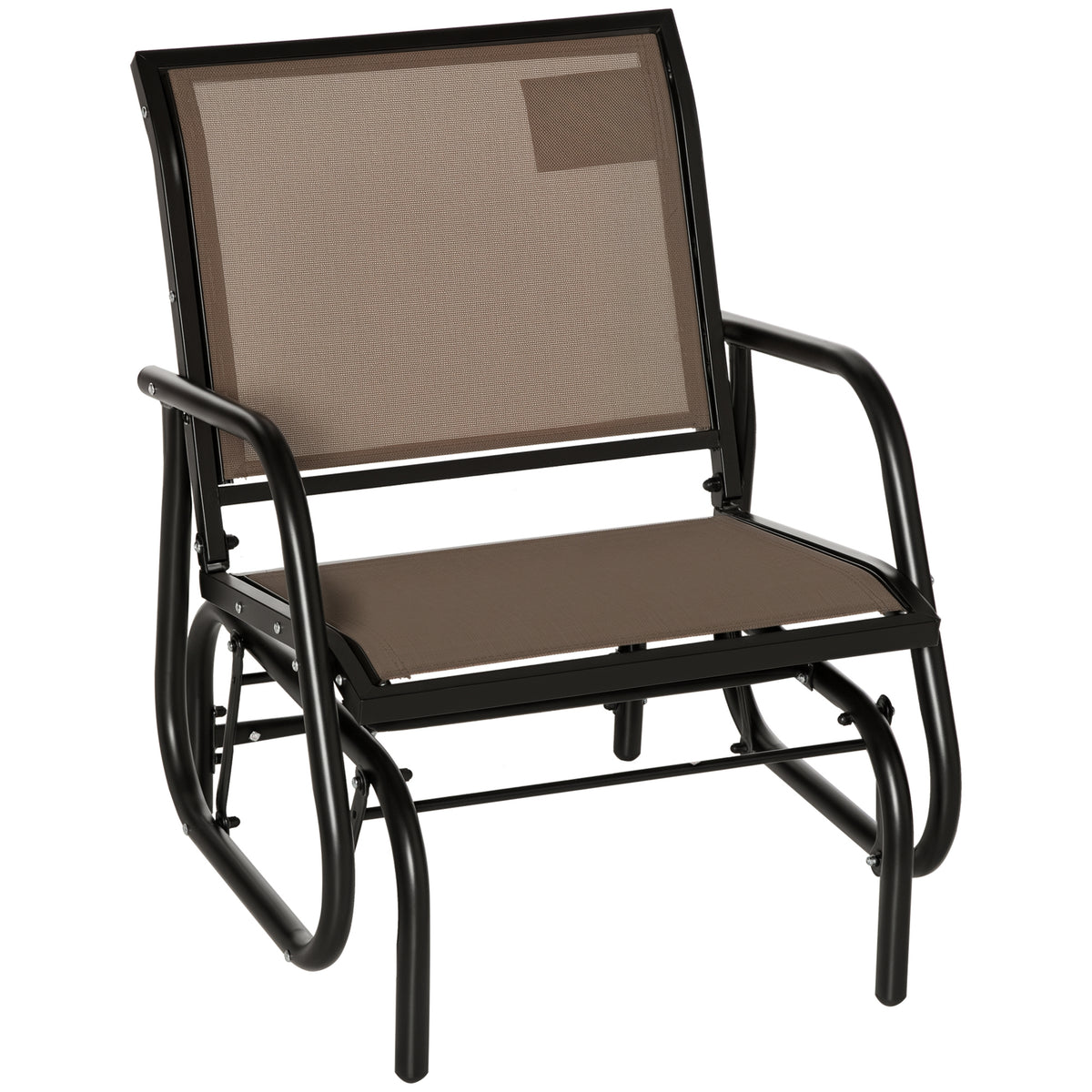 Porch Glider, Metal Frame Swing Glider Chair with Breathable Mesh Fabric, Curved Armrests and Steel Frame for Garden, Poolside, Backyard, Balcony, Brown