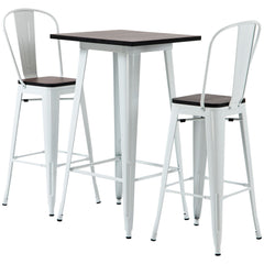 3 Piece Industrial Dining Table Set, Bar Height Bar Table and Chairs Set with Footrests for Bistro, Pub, White and Brown