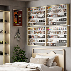 5-Tier Display Cabinet, Wall-Mounted Display Case with 2 Glass Doors and Adjustable Shelves, Oak and White
