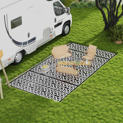 Reversible Outdoor Rug Carpet RV Camping Rugs with Carry Bag, 9' x 18', Black & White Chain
