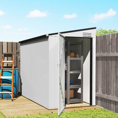 4' x 7.7' Lean to Garden Storage Shed, Outdoor Metal Tool House with Lockable Door Vents for Backyard Patio Lawn, White