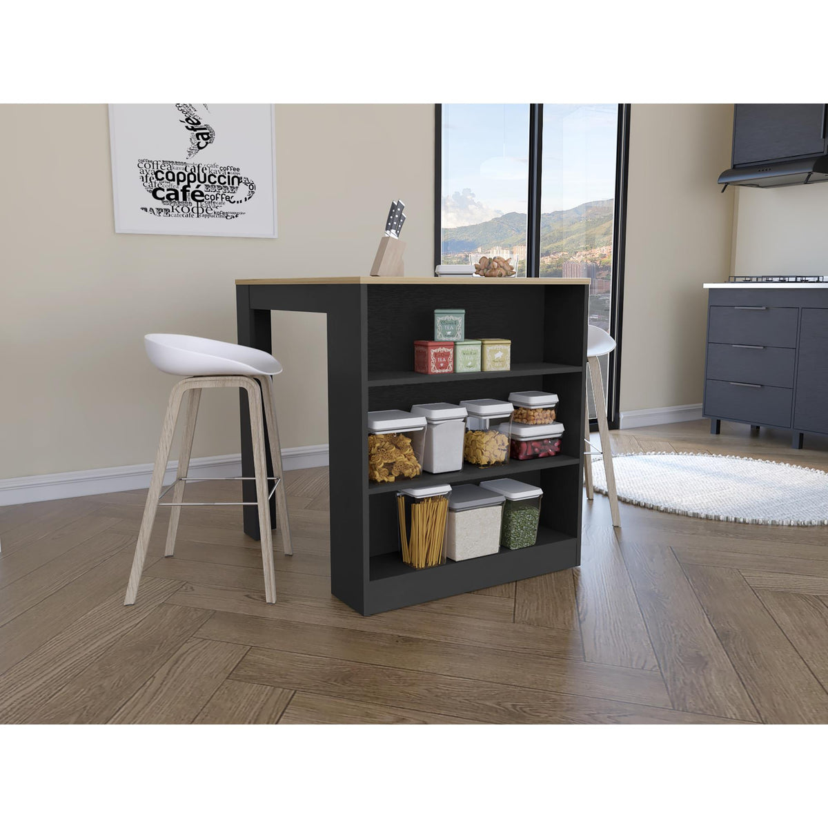 Zenith Kitchen Counter Dining Table ,Two Legs, Three Side Shelves -Black / Pine
