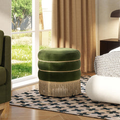 Neptune 17.5" Round Upholstered Ottoman with Bullion Fringe, Olive Green Performance Velvet