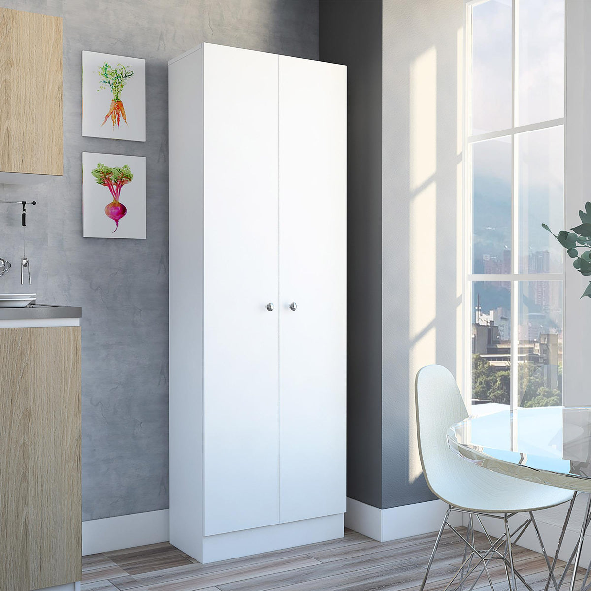 Valhalla Pantry Cabinet, Five Shelves, Double Door Cabinet -White