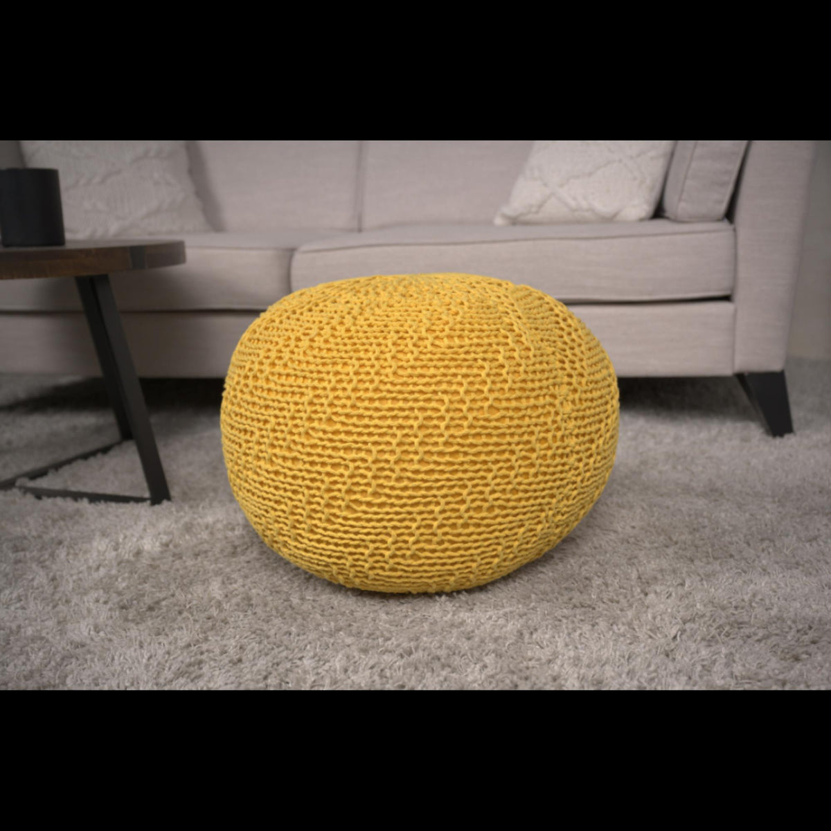Poseidon Knitted Cotton Round Pouf, Yellow