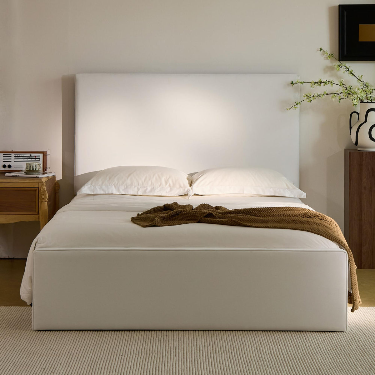 Chronicle Tall Headboard Upholstered Bed / 52" High Headboard / Elegant Simplicity / No Box Spring Needed / Easy Assembly / King / Coconut Micro Suede